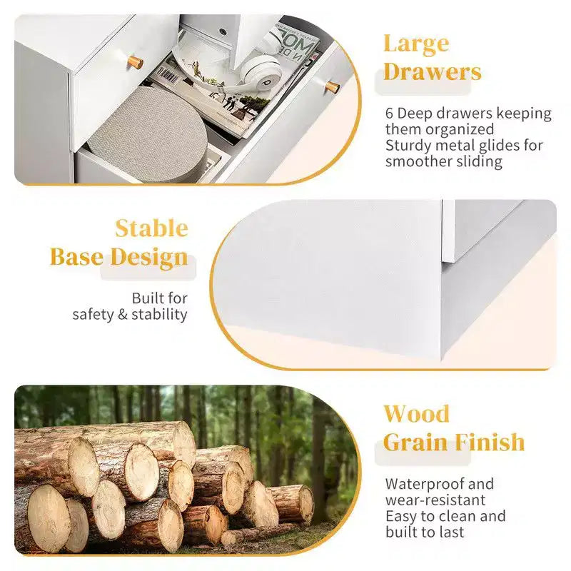 Karl Home 6-Drawer Large Dresser for Bedroom and Chest of Drawers with Sturdy Construction Wood Storage Organizer for Closet In white