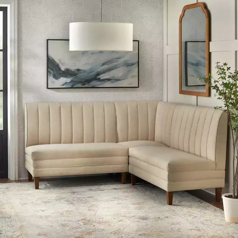Lifestorey 4pc Kerrington Channel Back Banquette Dining Set Walnut/Cream: Linen-Look Fabric, Pedestal Table