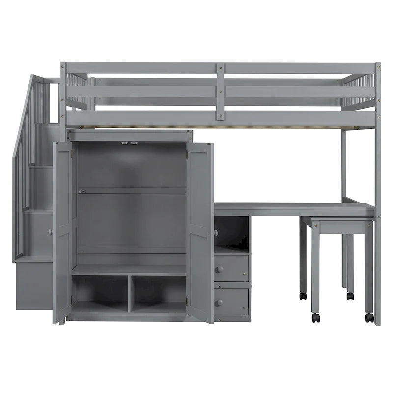Full Size Loft Bed with Stairs, Bookshelf, Desk & Wardrobe - Space-Saving Multifunctional Furniture for Kids & Teens-White