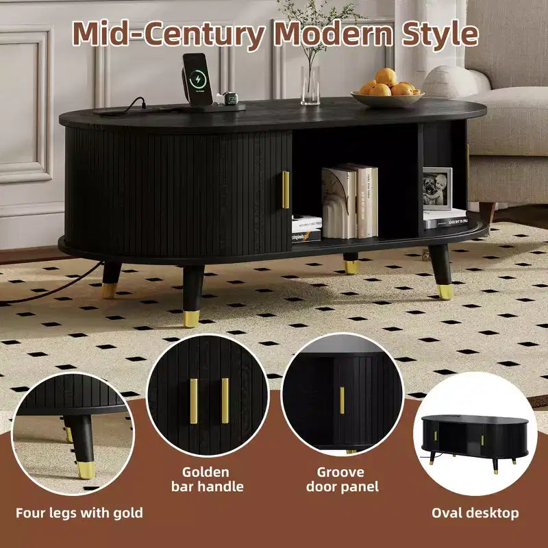 CLIHOME Wooden Farmhouse TV Stand & Coffee Table Set with Charging Station, Oval Fluted Media Console for TVs up to 80