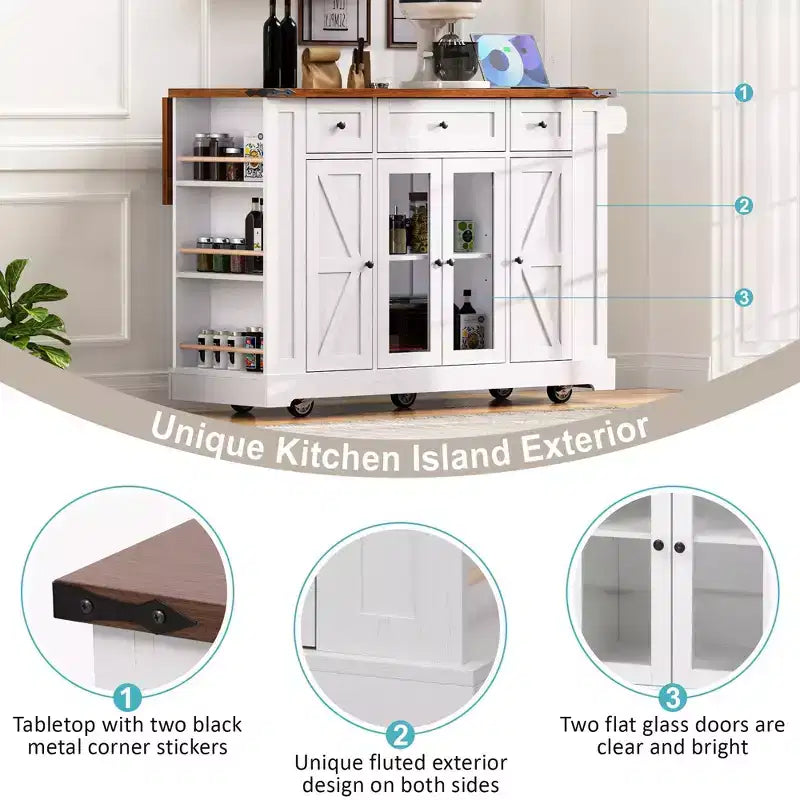 Kitchen Cart with Tempered Glass Doors, Side Racks, Power Outlet, and Drop Leaf