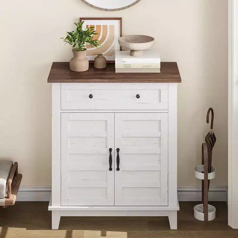31.5 Rustic Storage Cabinet, with Slatted Doors, 3-Tier Adjustable, Double Door Locker, for Kitchen, Dining Room, and Home Office