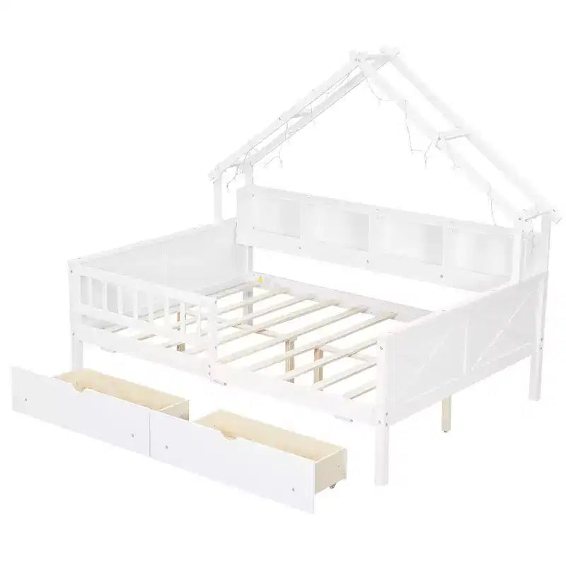 Full Size House Bed Frame with Drawers, House Platform Bed with LED Lights, Storage Shelves & Drawers, Wood Daybed with Roof and Guardrail
