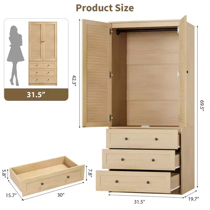 COZONY Armoire Wardrobe with 3 Drawers & 2 Doors, Modern Wooden Closet Cabinet for Bedroom, Heavy Duty White Standing Armoire