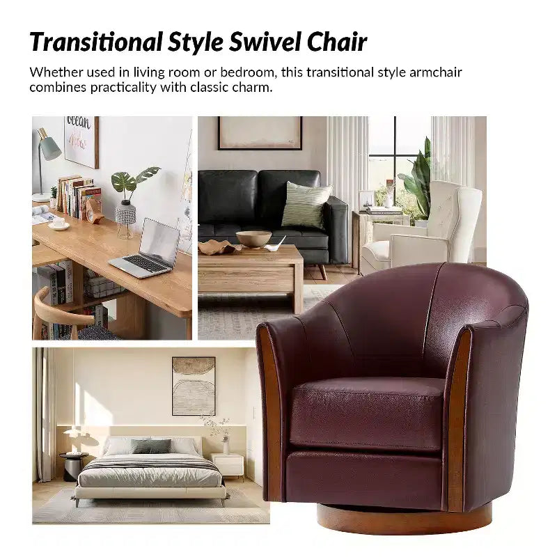 Pocono Transitional Genuine Leather Swivel Barrel Chair With Solid Wood Base Set of 2Artful Living Design