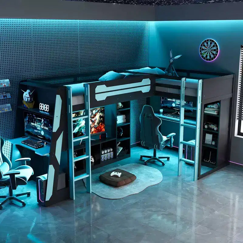 L-Shaped Gaming Loft Bed with Desks, Double Twin Loft Beds with LED Lights, USB Ports, Storage Bookshelves, Wood Corner Loft Bed for 2