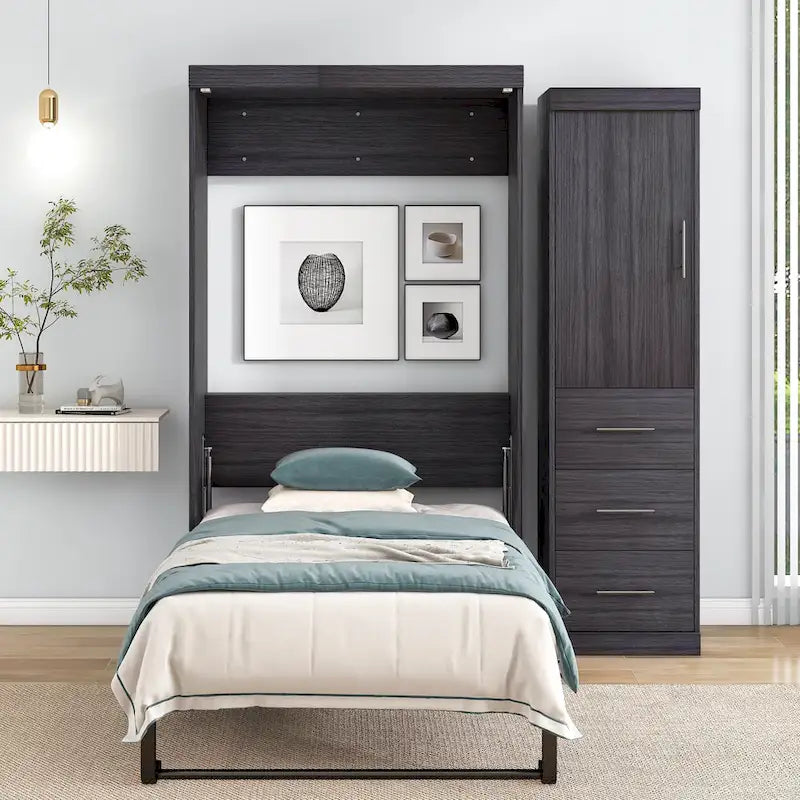Gray Foldable Murphy Bed with Wardrobe & 3 Drawers, Full/Twin, 1-Person