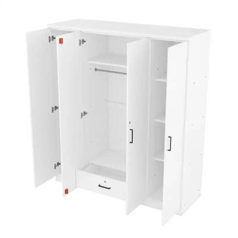Wood 4-Door Wardrobe Armoire with Hanging Rod, 1-Drawer and Storage Shelves