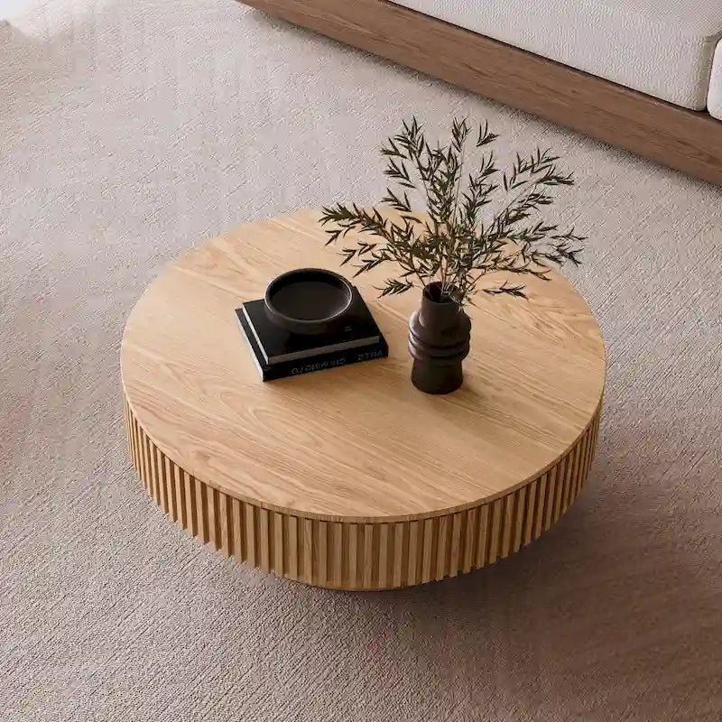Table basse/de salon ronde moderne plaquée en bois massif avec rangement