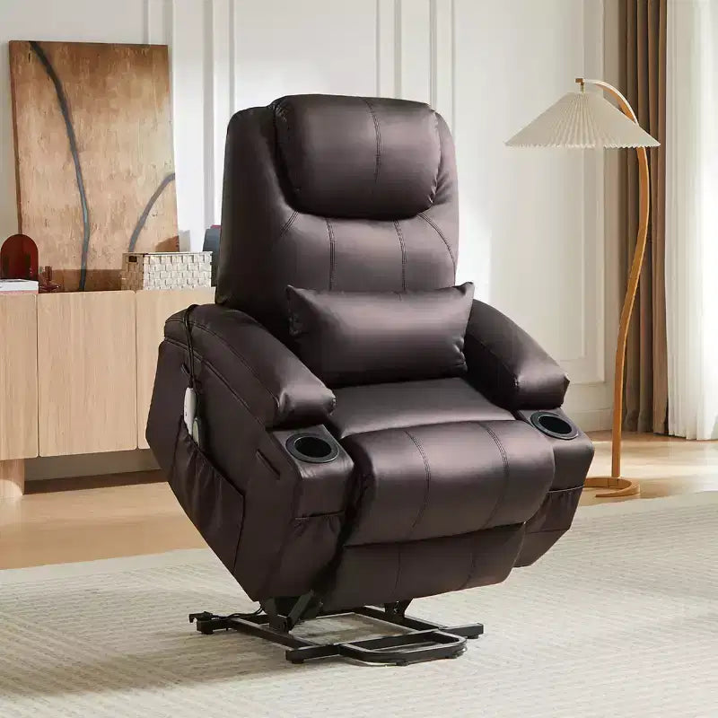 Bestier 34.6'' Electric Power Lift Asist Recliner Chair with Massage and Heat, Fax Leather Reclining Chair with Side Pockets & Cup Holders