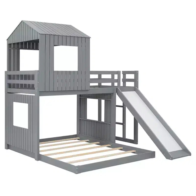 Luxystar Twin Over Full Wood Bunk Bed with Playhouse, Slide and Guardrails