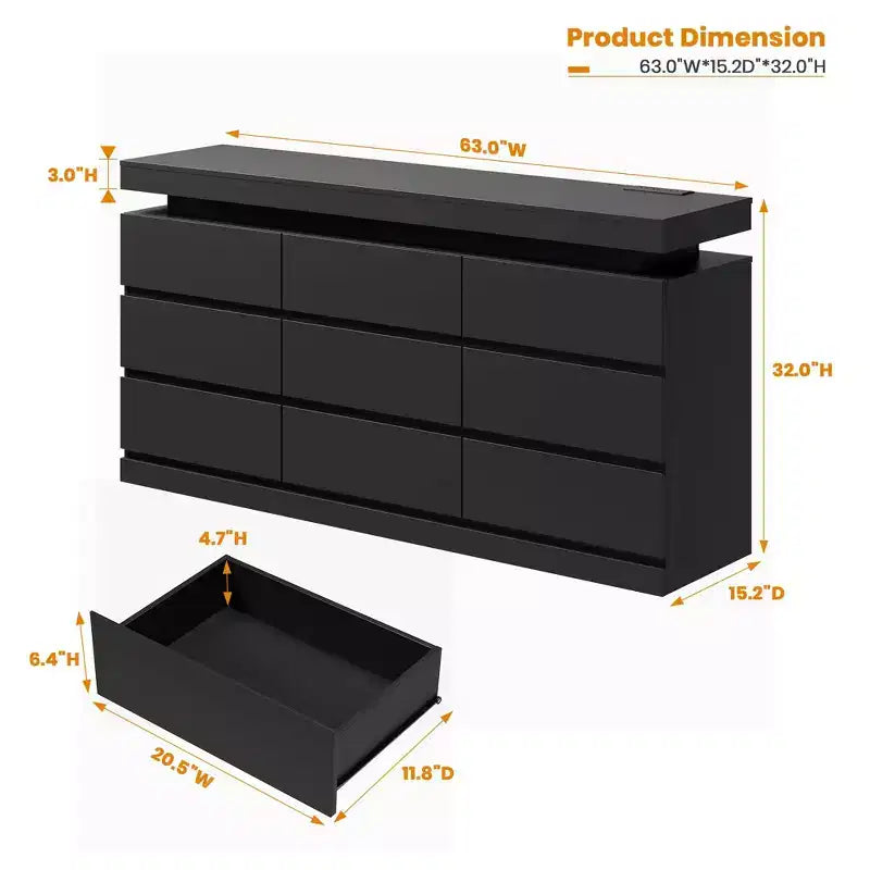9 Drawer Dresser for Bedroom, Chest of Drawers with Charging Station & LED Lights, Double Wooden Closet Storage Cabinet, Modern Dresser TV Stand