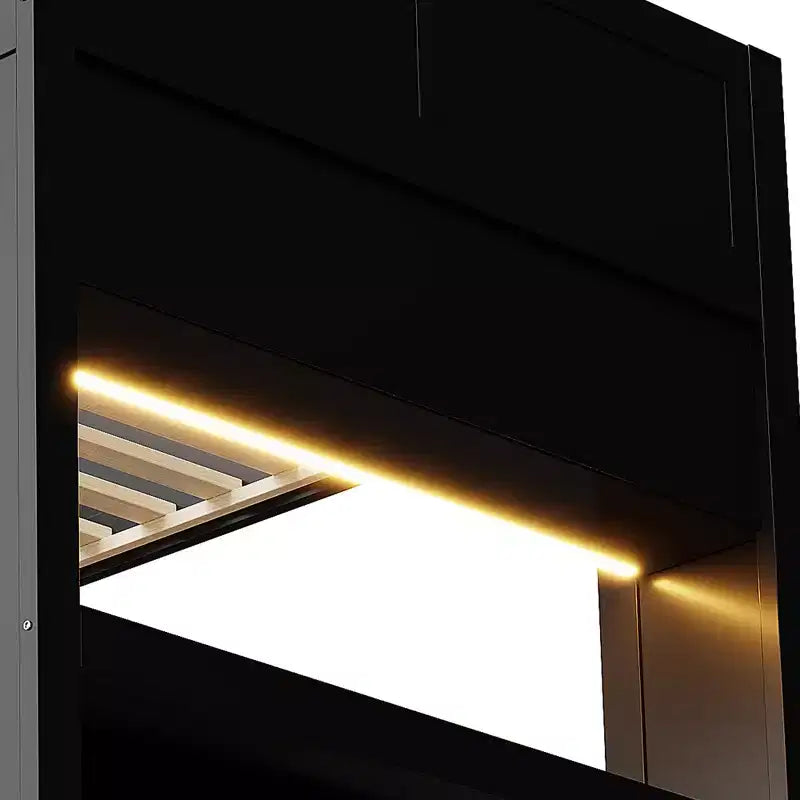 Full Size Wood Gaming Bunk Bed with Built-In Desk, Storage Shelves, 7-Color LED Lights & Charging Station, Black - ModernLuxe