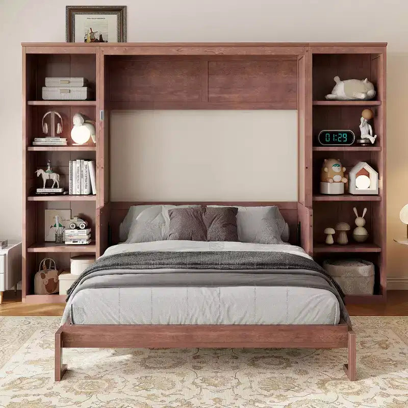 Full/Queen Size Murphy Bed Space-Saving Wall Bed with Desk and Bookshelf, Dark Brown - ModernLuxe