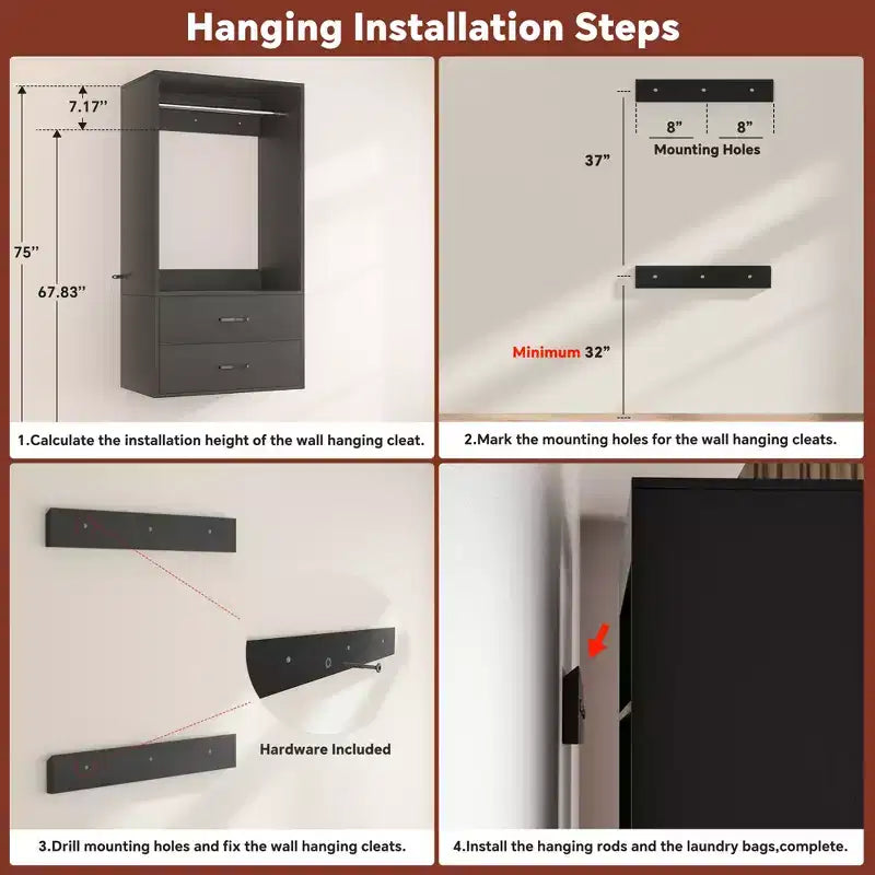 Besiost Freestanding Closet System with 8 Hannging Rods and Drawers, Hanging Closet Organizer with 10 Shelves