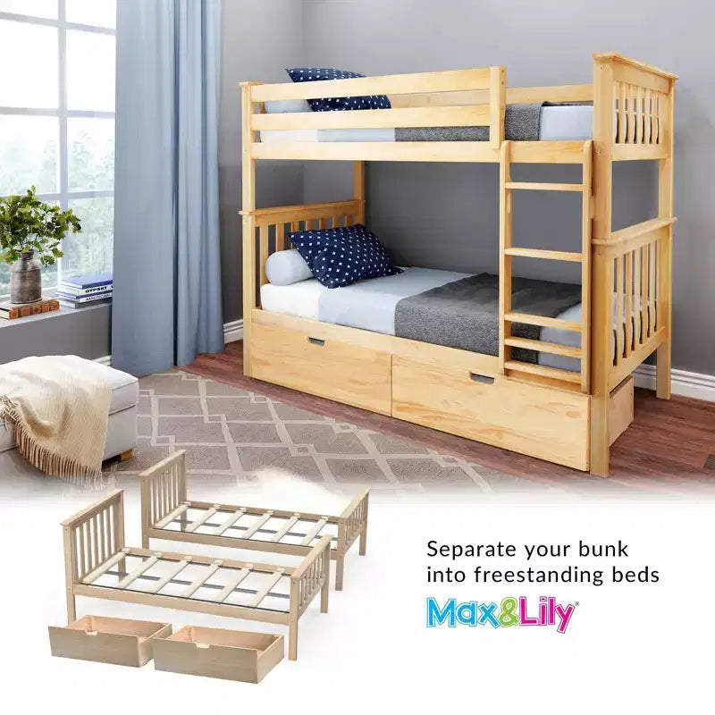 Solid Wood Twin over Twin Bunk Bed for Kids with Underbed Storage Drawers