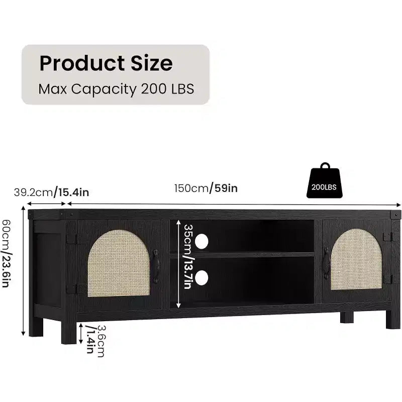 65-inch Bohemian-style TV stand with wicker door - Wooden entertainment center with two cabinets and adjustable shelves, suitable for living rooms