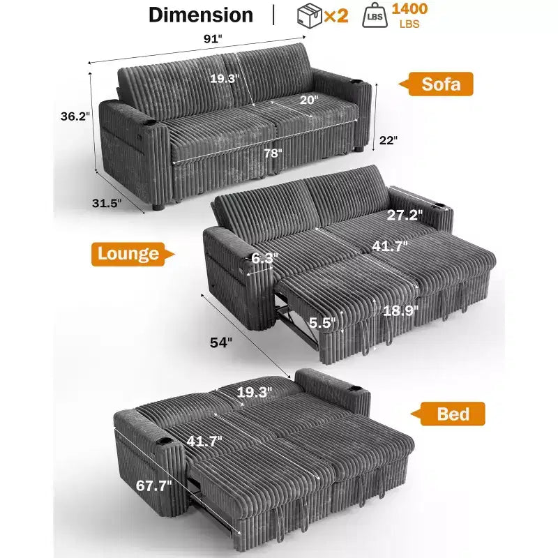 Dyonery 91 Sectional Sleeper Sofa Bed with Pull Out Bed,Reclining Backrest/Two Pull Out Beds/USB Ports/Cup Holders, Plush Corduroy