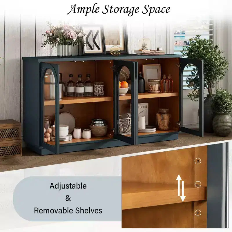 4-Door Large Storage Buffet Cabinet with Glass Doors, Arched Cabinet with Adjustable Shelves for Kitchen