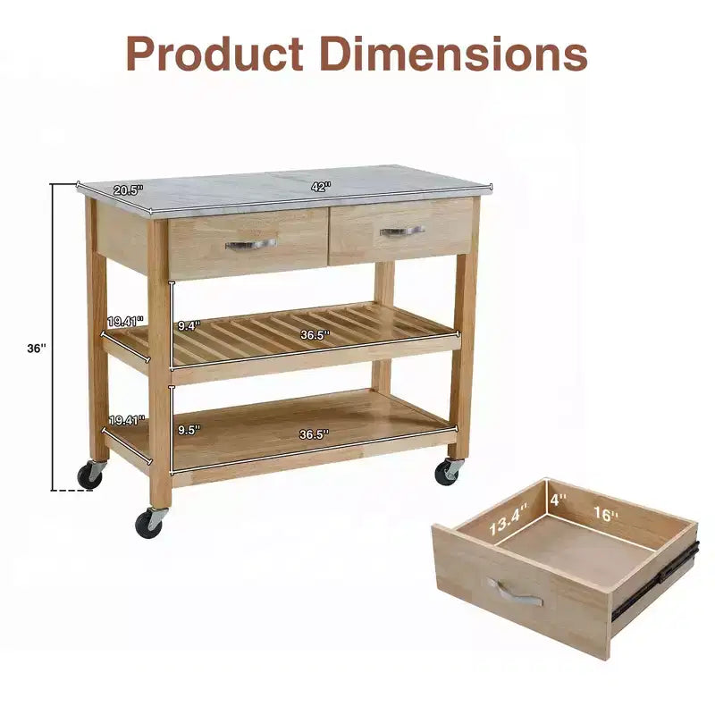 Rolling Kitchen Cart with Marble Top Solid Wood Kitchen Island Cart with 2 Drawers 3-Tier Kitchen Trolley with Lockable Detachable Wheels & Towel Rack