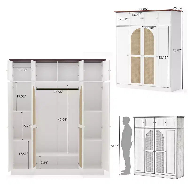 70.87Tall 8-Door Large Capacity Armoire Wardrobe Closet with Hanging Rod, Adjustable Shelves and Rattan Decorative Doors