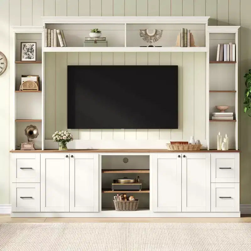ModernLuxe 4-in-1 Farmhouse Entertainment Center Wall Unit, Fits TVs Up to 70, TV Stand Media Console w/ Adjustable Shelves & Drawers