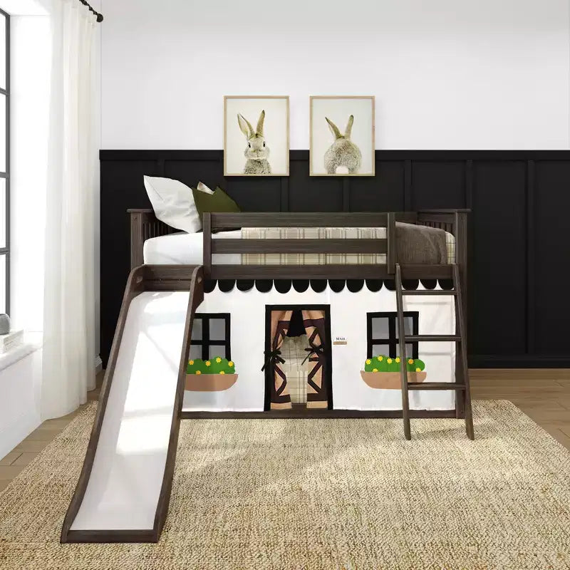 Twin Over Twin Low Bunk With Easy Slide & Black & White Farmhouse Curtain