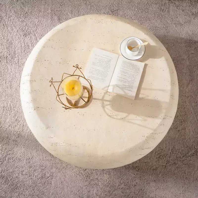 Round MgO Coffee Table with Faux Stone Design for Mid-Century Living Rooms