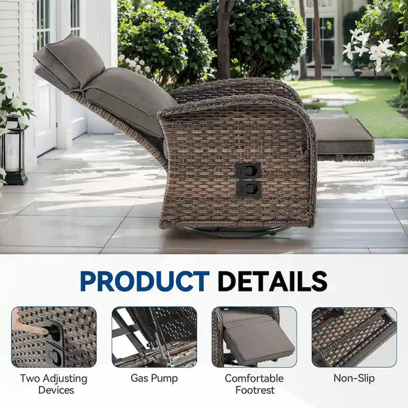 Pocassy 3PCS Versatile Outdoor Recliner Chair with Side Table Grey Cushion