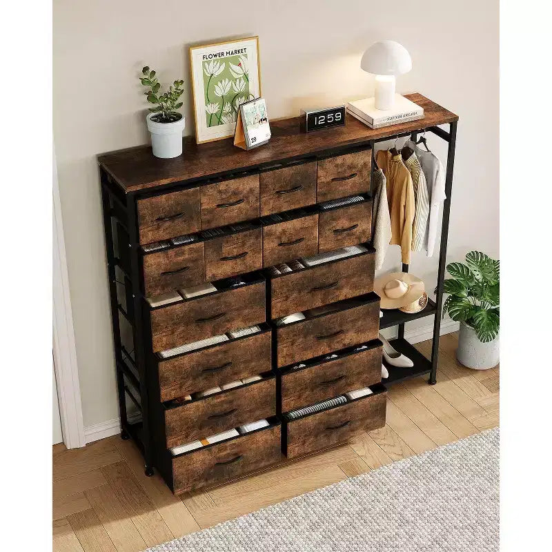 Dresser with 16 Drawers & Hanging Rod & Shelves, Fabric Storage Organizer for Bedroom, Closet, or Entryway