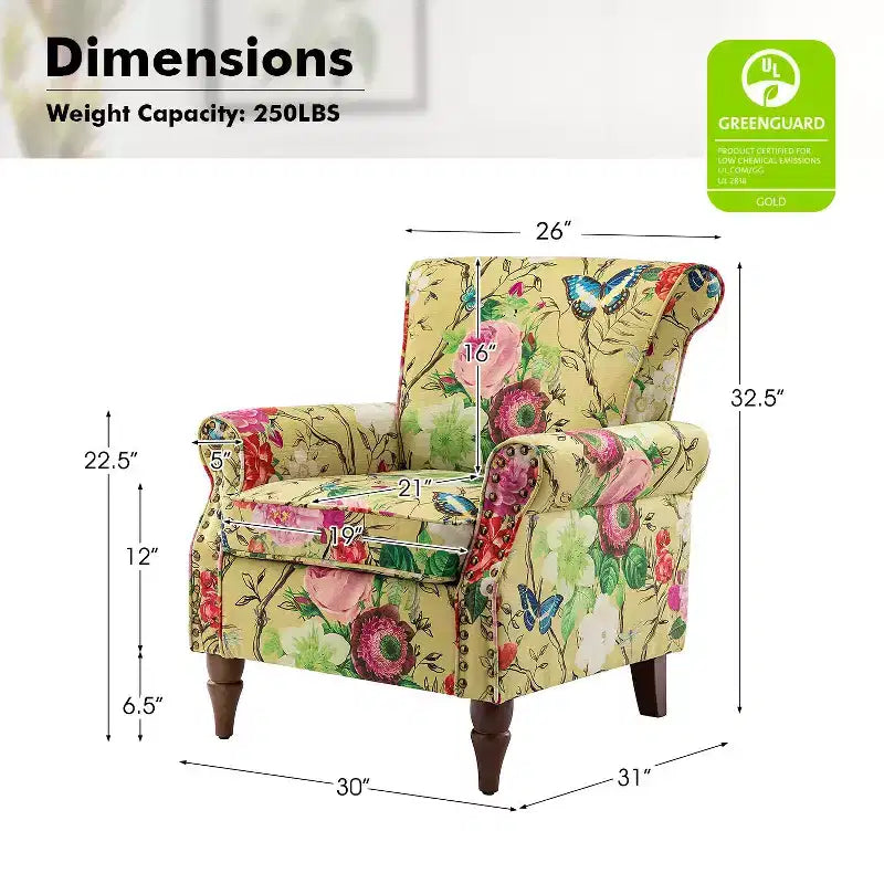 Araceli Traditional Wooden Upholstered Floral Armchair with Wingback and Nailhead Trim| ART OF LIVING DESIGNS