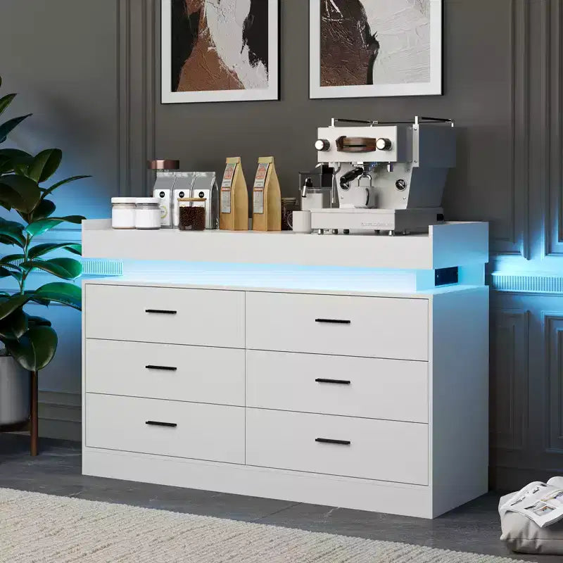 Modern TV Stand with 6 Drawers & LED Lights, Floating Countertop Coffee Bar for Living Room Entertainment Center