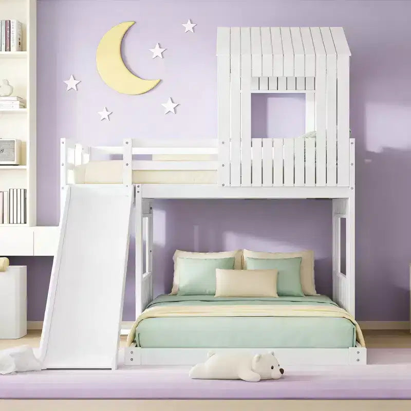 Luxystar Twin Over Full Wood Bunk Bed with Playhouse, Slide and Guardrails