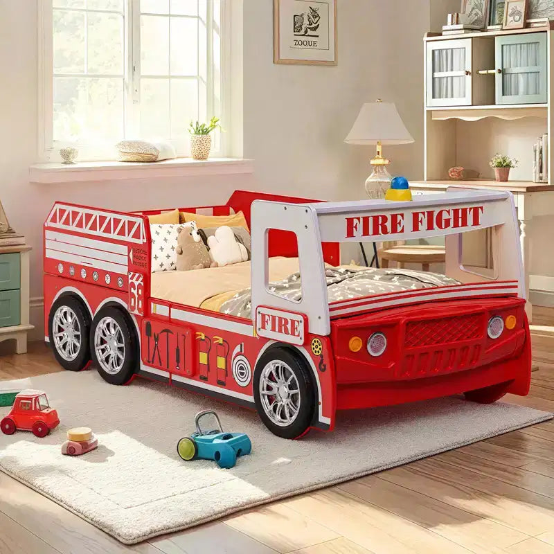 GDFStudio Juna Twin Size Fire Truck Bed with LED Light