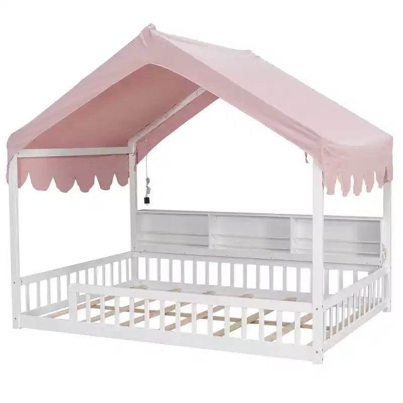 Whisen Full Size Wooden Floor Bed Frame, House-Shaped Daybed with Fense, 3 Storage Bookshelves, Curtain