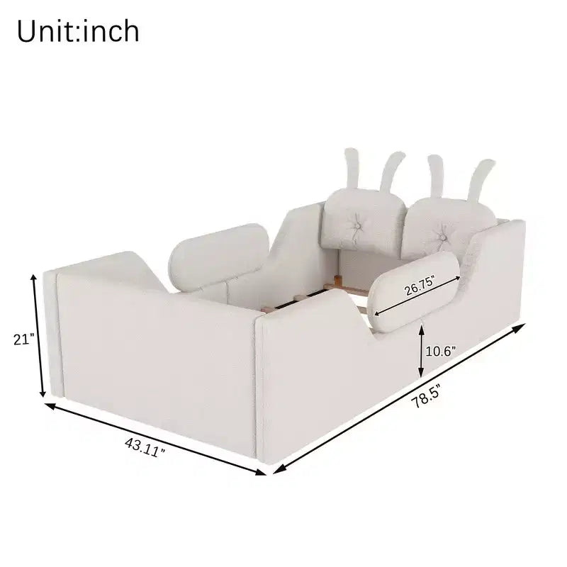 Whisen Twin Platform Bed, Kids Floor Upholstered Bed Frame with Rabbit Cushion, Removable Side Rails