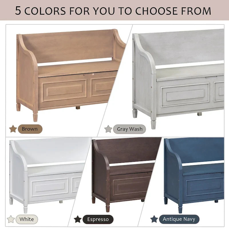 Rustic Solid Wood Entryway Storage Bench with Safety Hinge