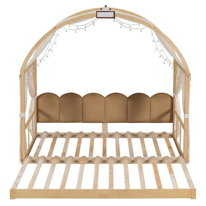 Solid Wood Playhouse Platform Bed Floor Montessori Bed Frame with Arched Roof and Trundle for Girls and Boys