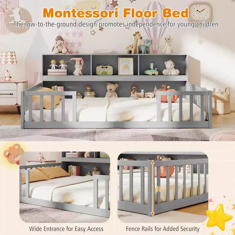 Twin/Full Size Montessori Floor Bed with Bookcase Storage Shelves & Safety Fence Rails White/Gray