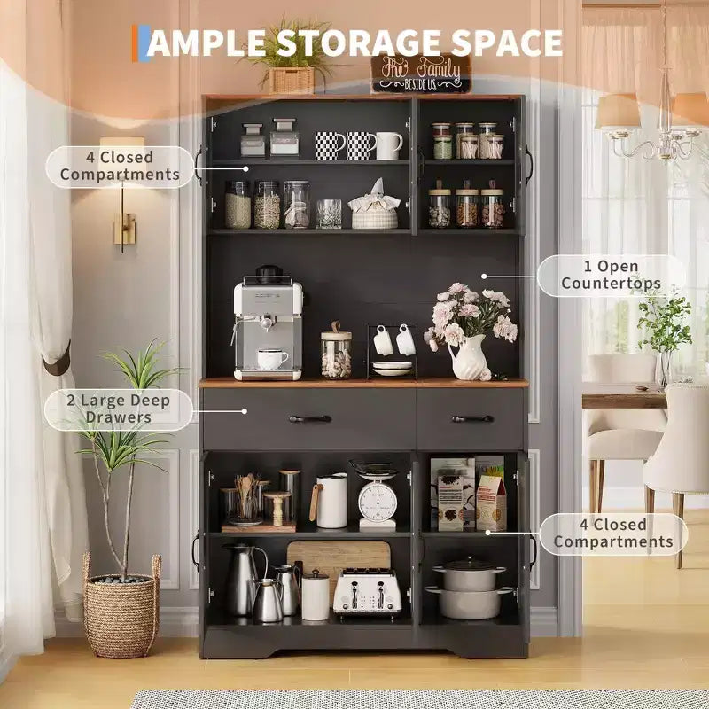 Meuble de cuisine de 71 pouces avec station de recharge, grand plan de travail, support à micro-ondes et 2 tiroirs, rangement de type « hutch » pour salle à manger et salon