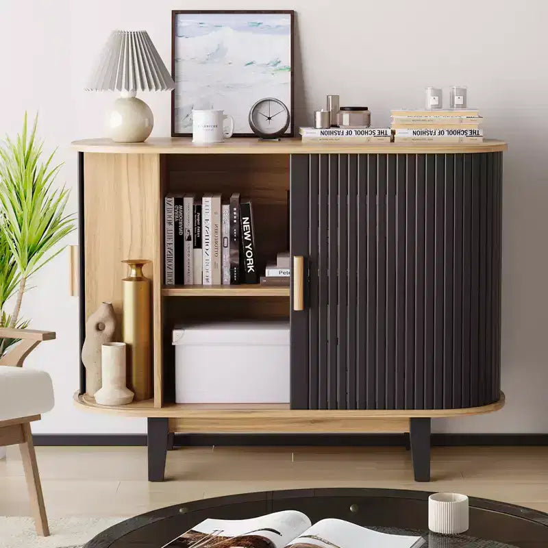 Bahut cannelé de 101,6 cm, Armoire de rangement avec porte coulissante et étagère réglable, Desserte de rangement moderne, Table console de bar à rideaux
