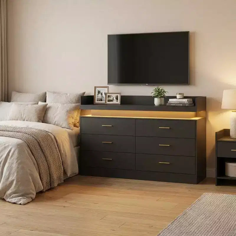 Modern TV Stand with 6 Drawers & LED Lights, Floating Countertop Coffee Bar for Living Room Entertainment Center