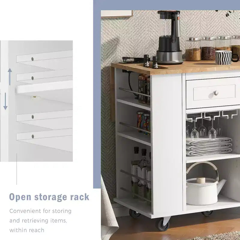 Movable Kitchen Island with Power Outlet, Drop Leaf and Rubber Wood Top