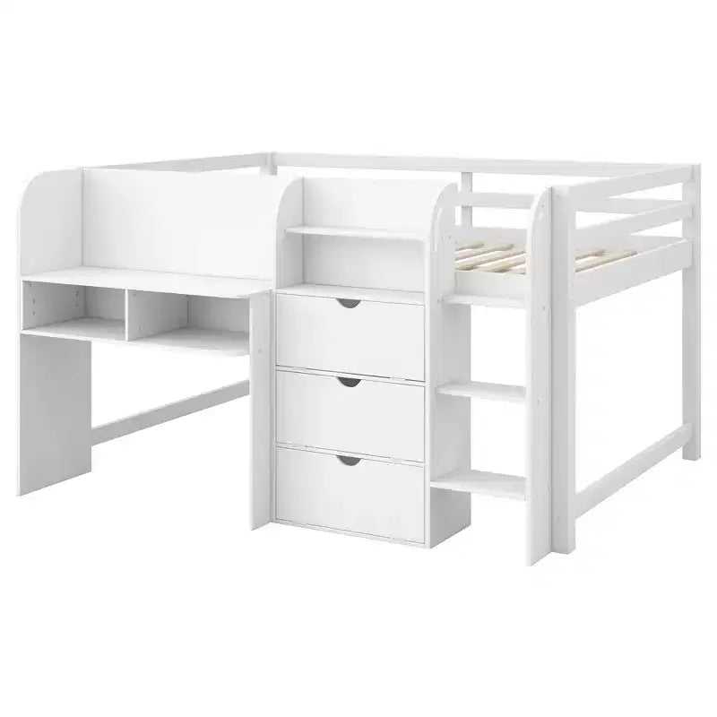Pink/White Low Loft Bed with Desk, Storage & Whiteboard – Twin, 1-Person