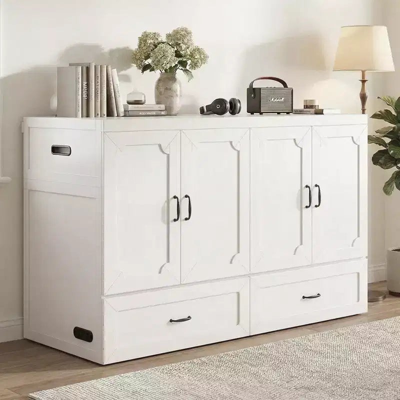 Mjkone Queen Size Convertible Murphy Cabinet Bed with Mattress, USB Charging, Storage Drawers