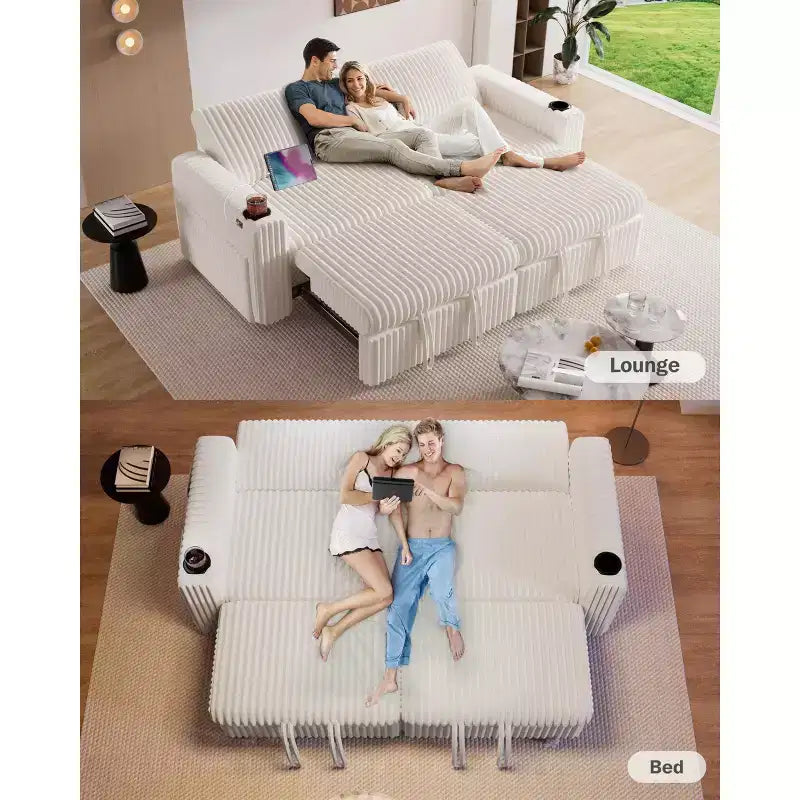 Dyonery 91 Sectional Sleeper Sofa Bed with Pull Out Bed,Reclining Backrest/Two Pull Out Beds/USB Ports/Cup Holders, Plush Corduroy