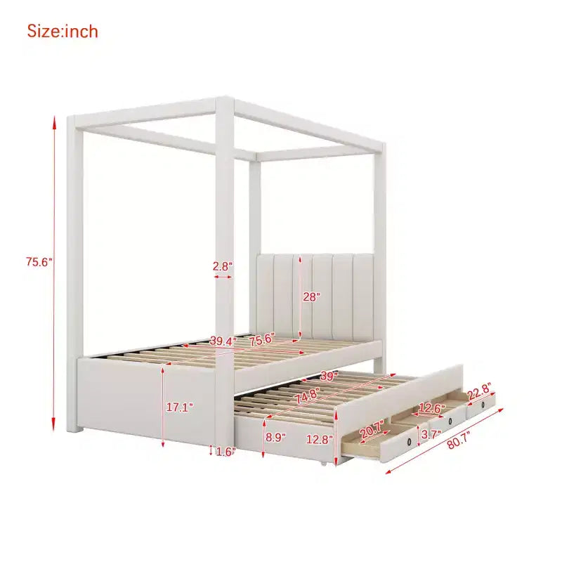Full Size Linen Upholstery Canopy Platform Bed with Trundle and Three Storage Drawers
