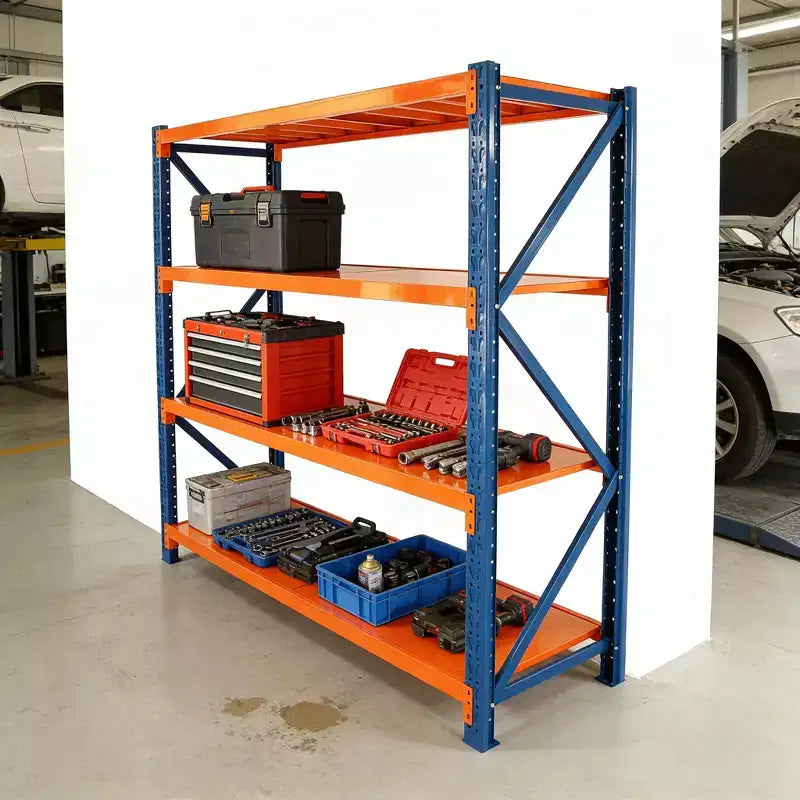 Étagères de garage robustes VIYET, rayonnage métallique réglable à 4 niveaux d'une capacité de 2000 kg, rangement industriel bleu et orange pour magasin/outils/salle de sport.