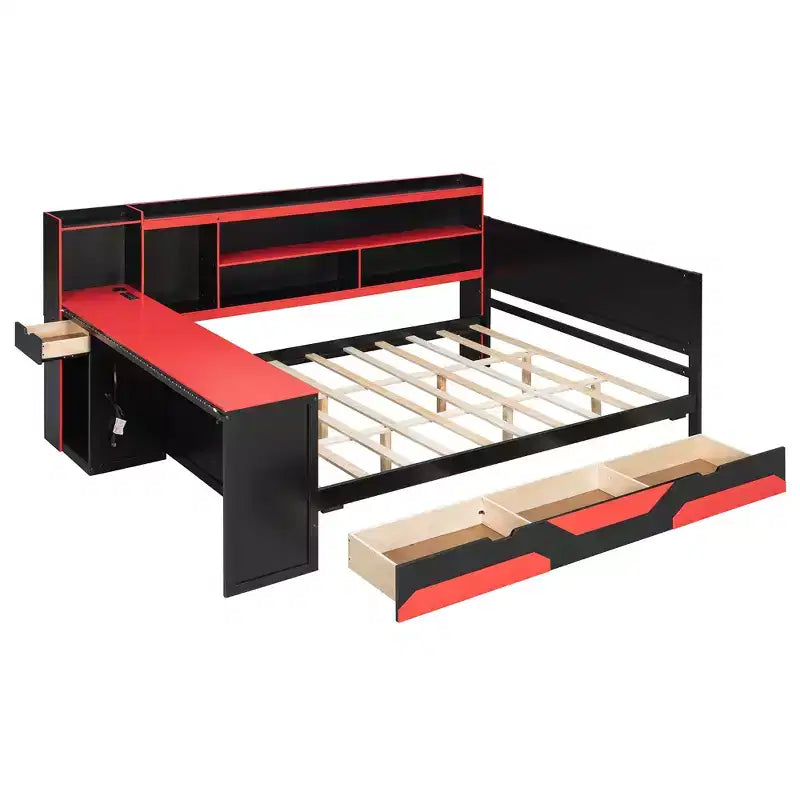 Gamer Hub Daybed with Desk, RGB Lights, Charging Station, Storage Drawers & Bookcase Headboard