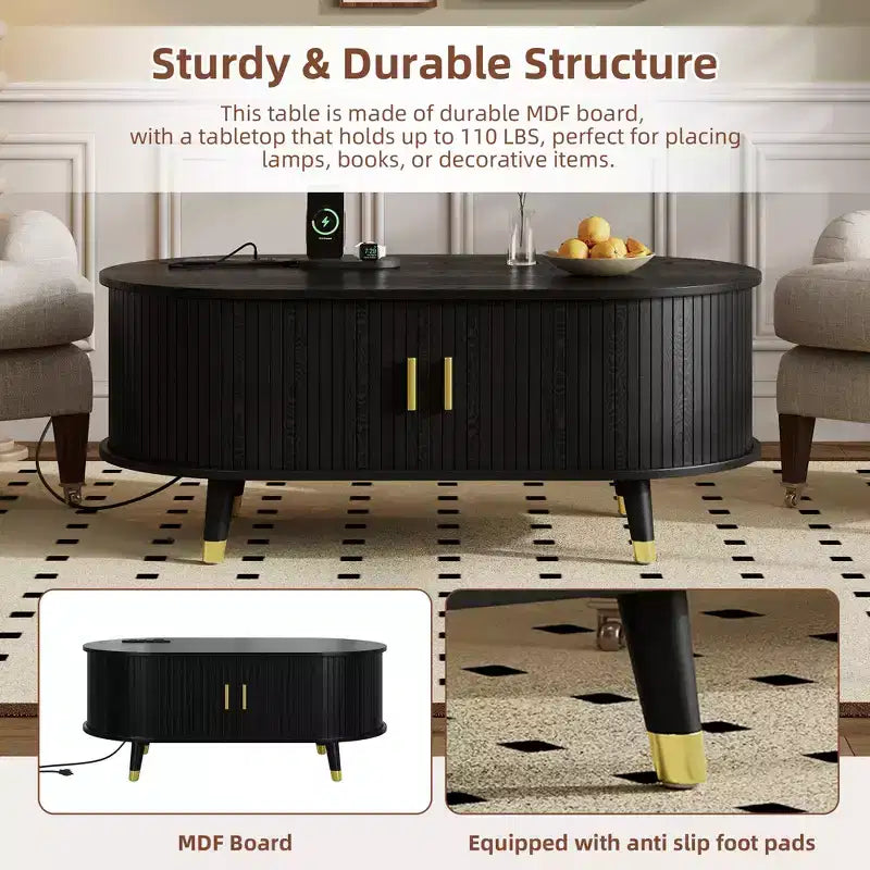 CLIHOME Wooden Farmhouse TV Stand & Coffee Table Set with Charging Station, Oval Fluted Media Console for TVs up to 80